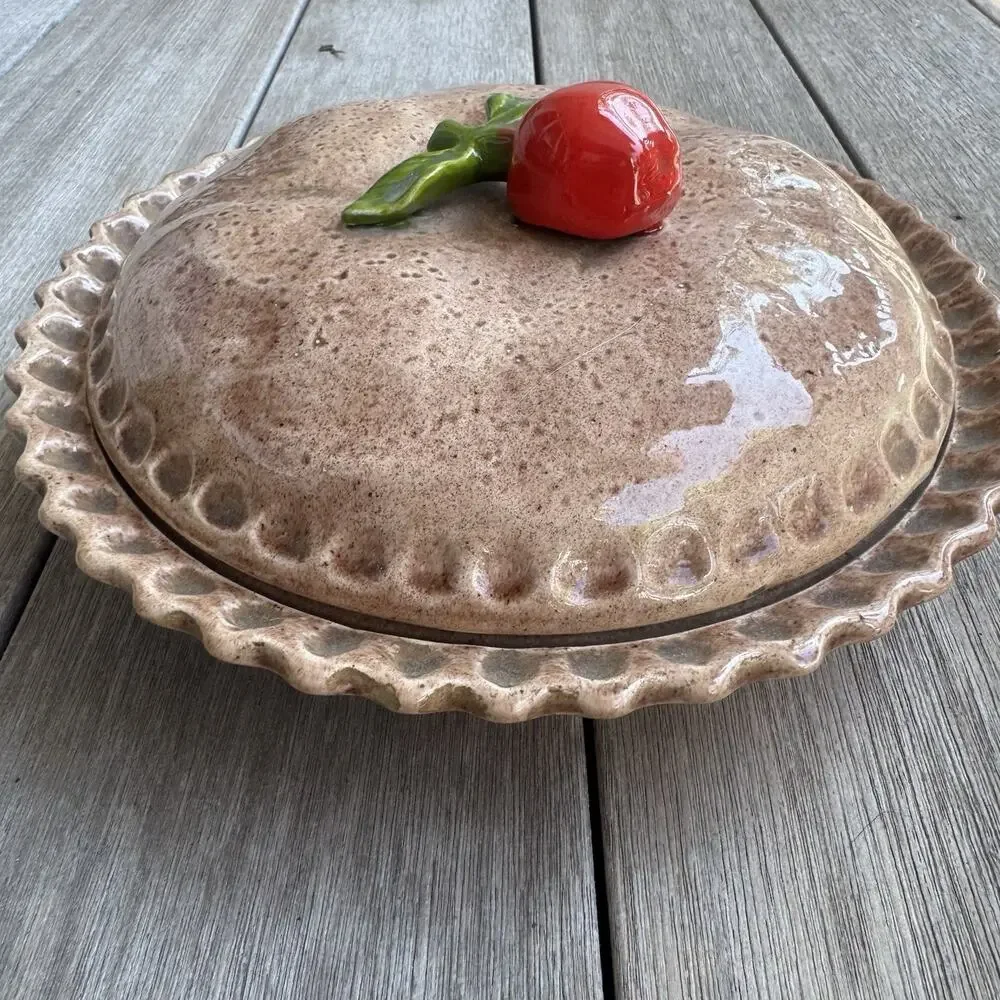 Pie Dish Plate Ceramic Covered Cherry Holder Keeper Lid Vintage Cottagecore